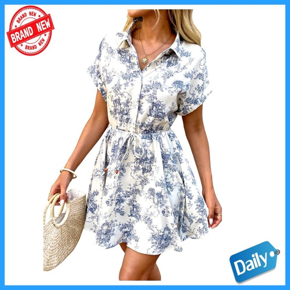 Floral Print Button Front Short Sleeve A-Line Dress Boho Casual Summer